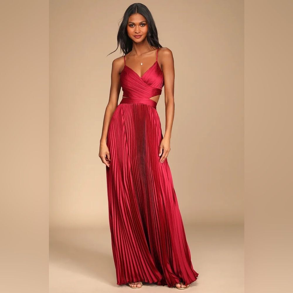 Lulus Got the Glam Wine Red Pleated Cutout Maxi Dress